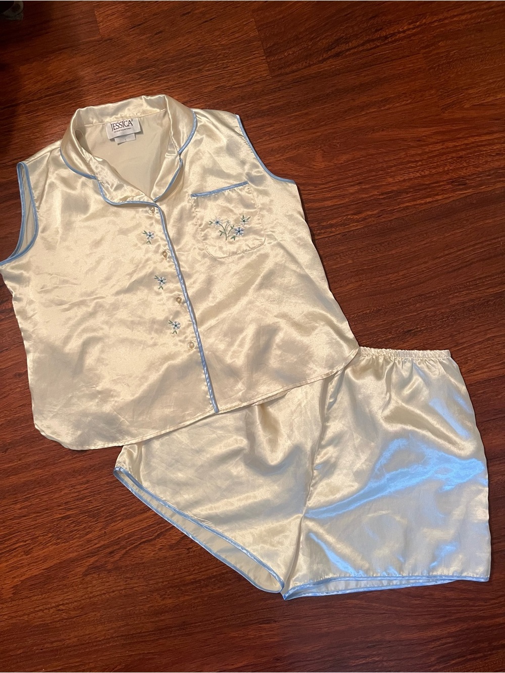 Jessica Cream Satin Sleeveless Pajama Set with Light Blue Trim